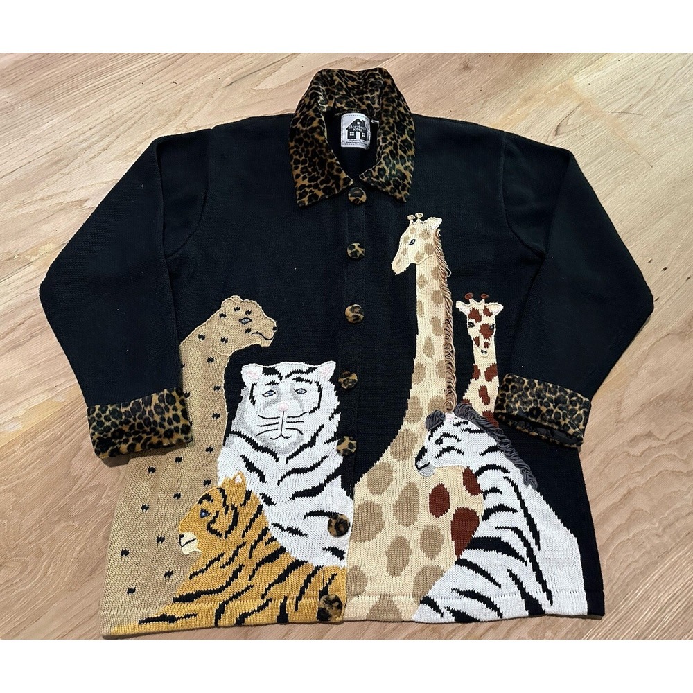 Storybook Knits Sweater‎ Womens Large  Black Giraffe Zebra Tigers Animal Print